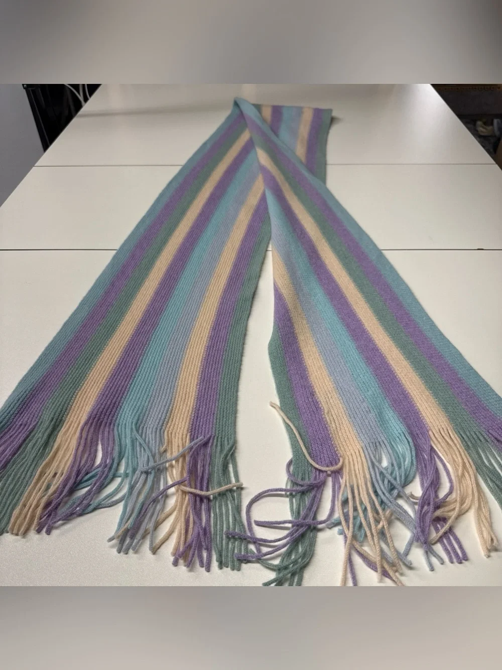 Mc Kennas 100% Pure New Wool Knitted Fringe Hem Scarf Women Pastel Striped 8x76